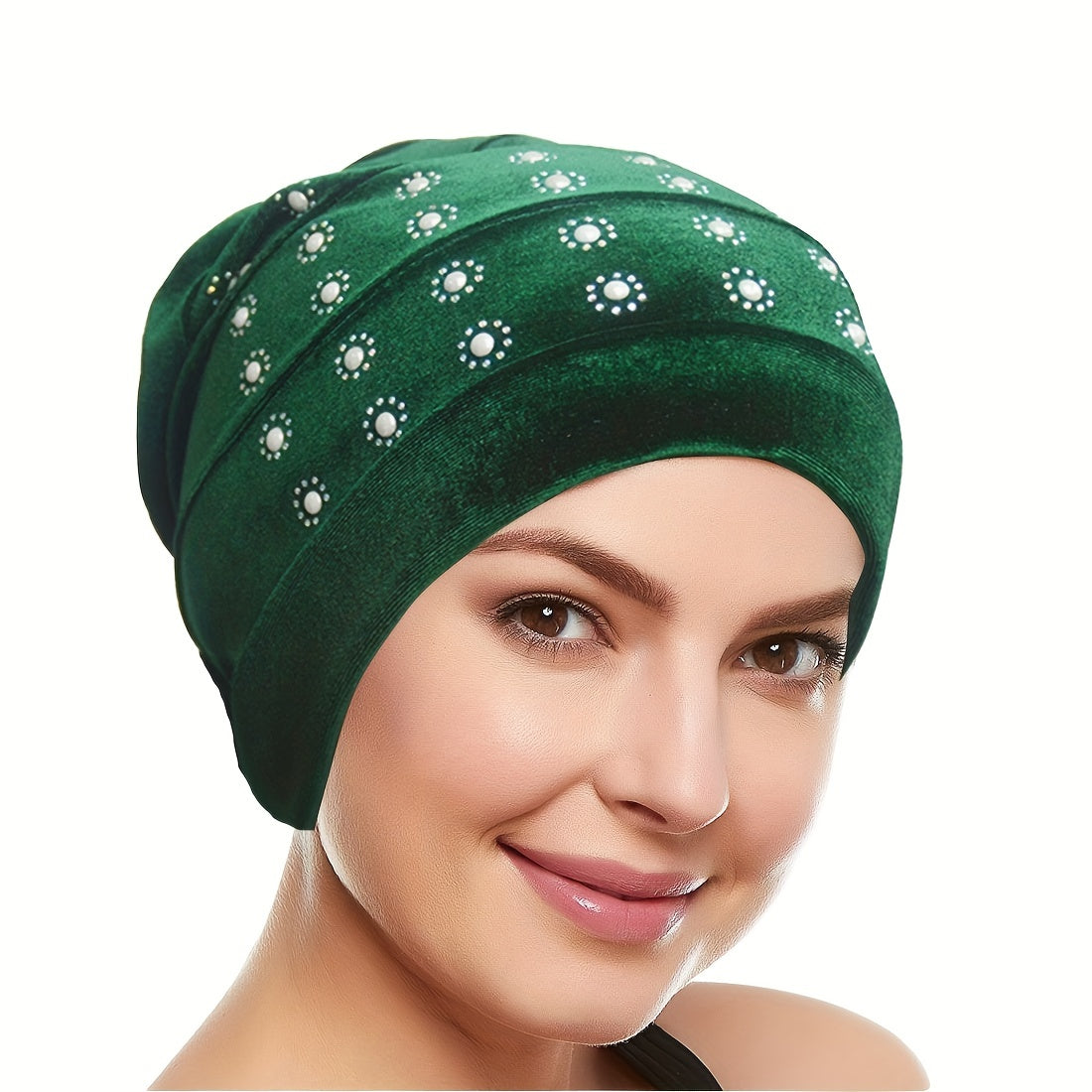Rhinestone Decor Turban Cap Velvet Head Wrap Elastic Bonnet Head Scarf Women