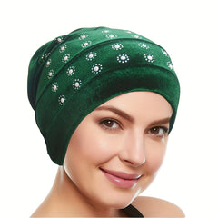 Rhinestone Decor Turban Cap Velvet Head Wrap Elastic Bonnet Head Scarf Women