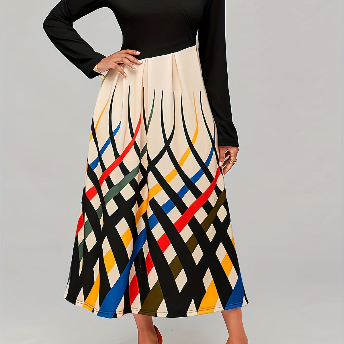  Colorblock Stripe Long Sleeve V Neck Dress