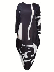  Abstract Print Long Sleeve Baggy Dress