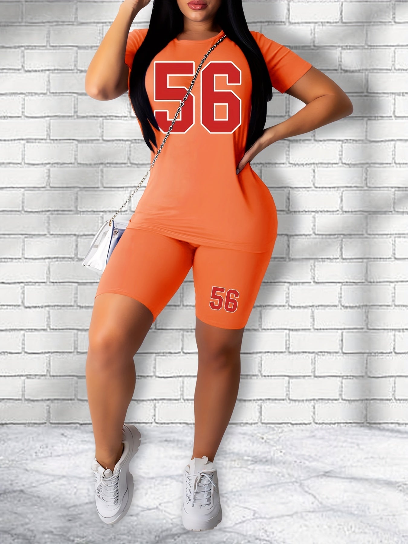Casual Two Piece Set Short Sleeve Tee & Slim Shorts, Women's Outfit