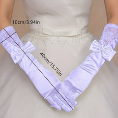 Classic Satin Long Gloves with Bowknot for Wedding Tea Party Lace Gloves