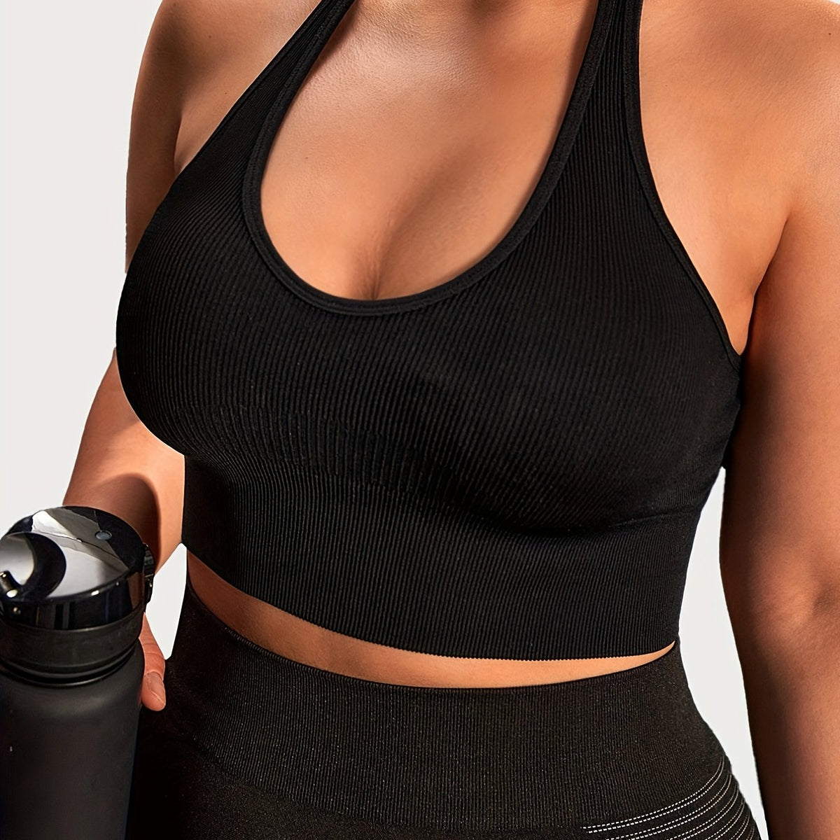  Ribbed Ring Decor Halter Neck Sports Bra