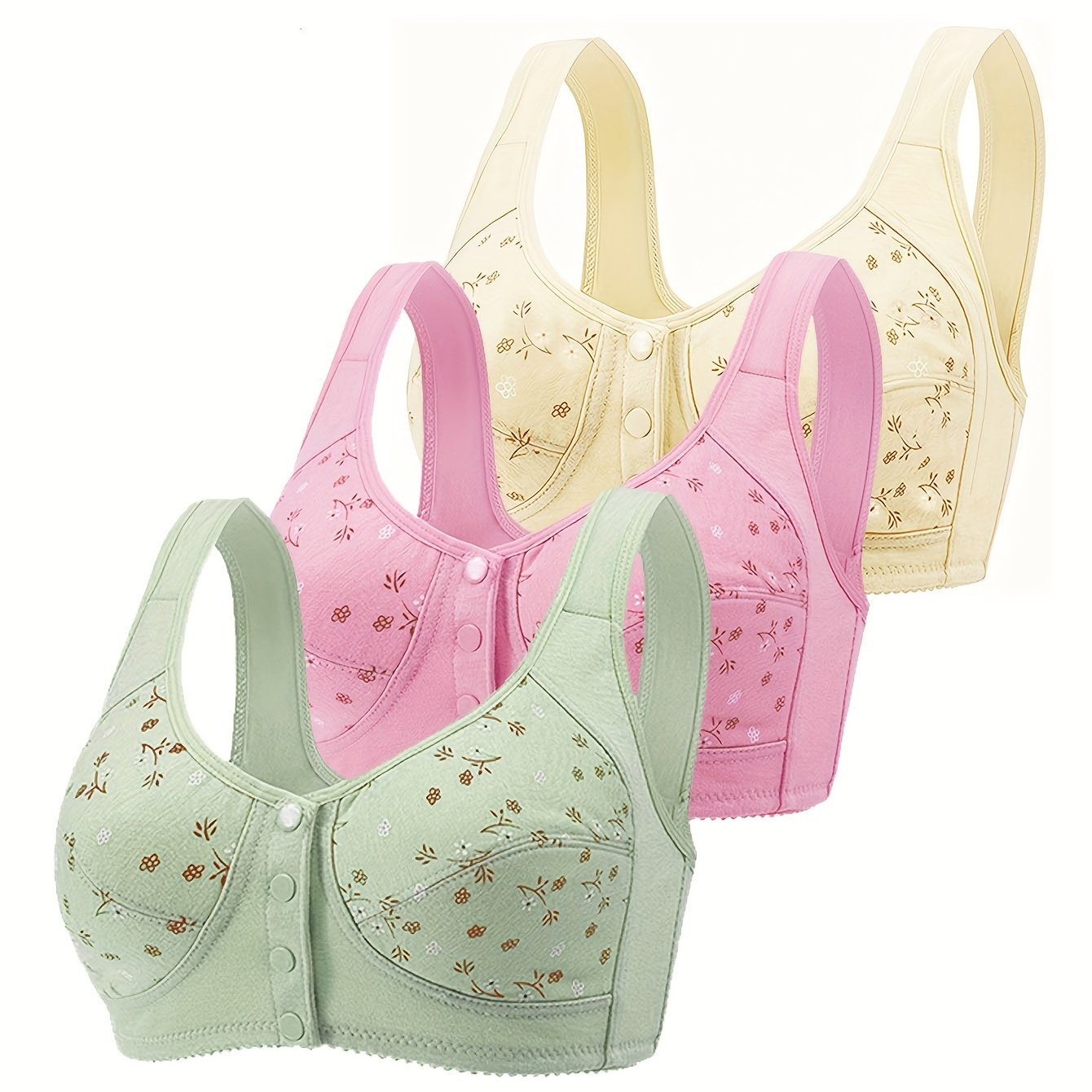 3 Floral Wireless Bras Front Buckle Comfy Lingerie