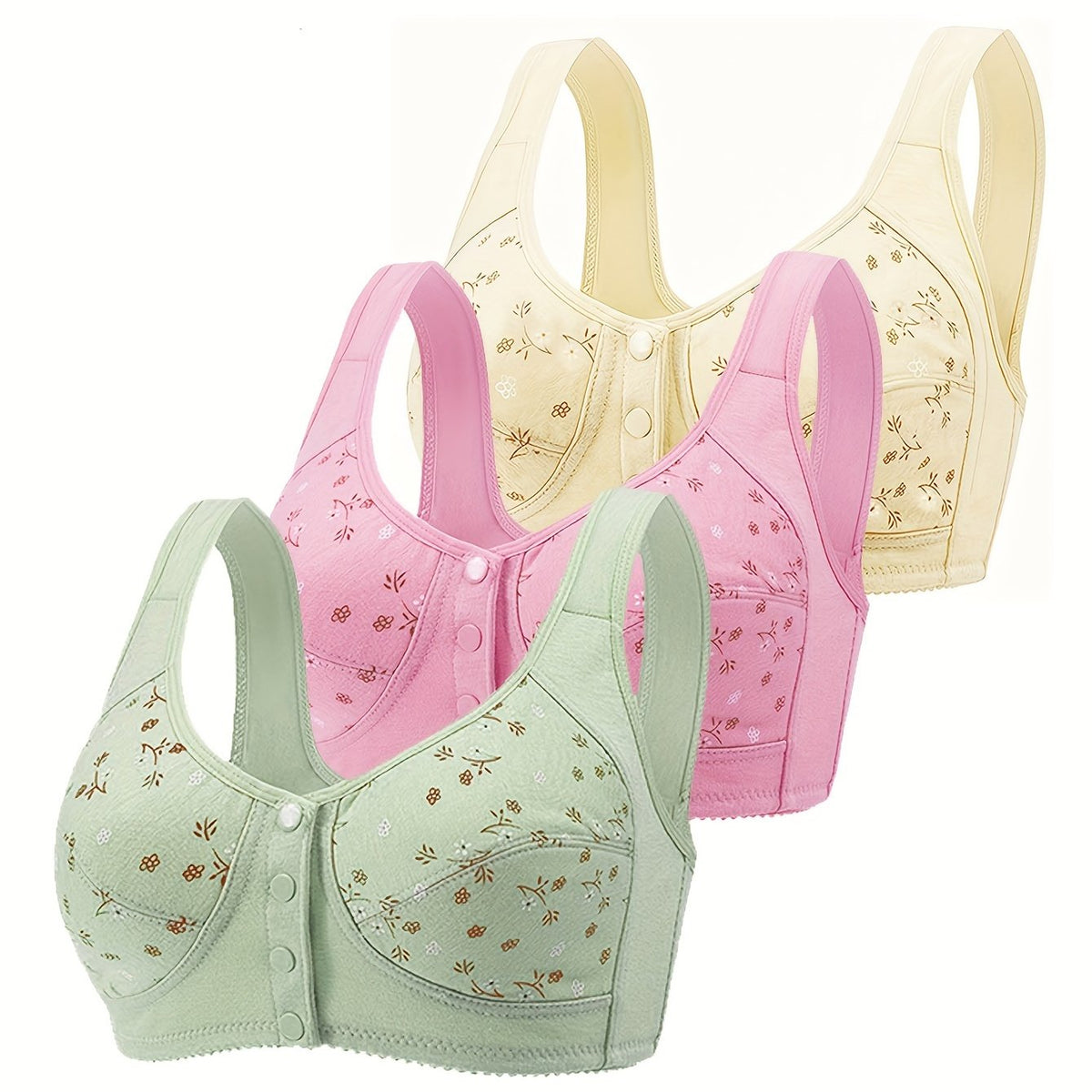 3 Floral Wireless Bras Front Buckle Comfy Lingerie
