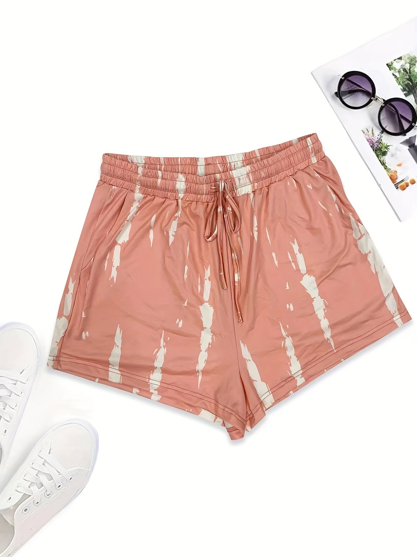  Tie Dye Stripe Print Elastic Waist Shorts with Pockets