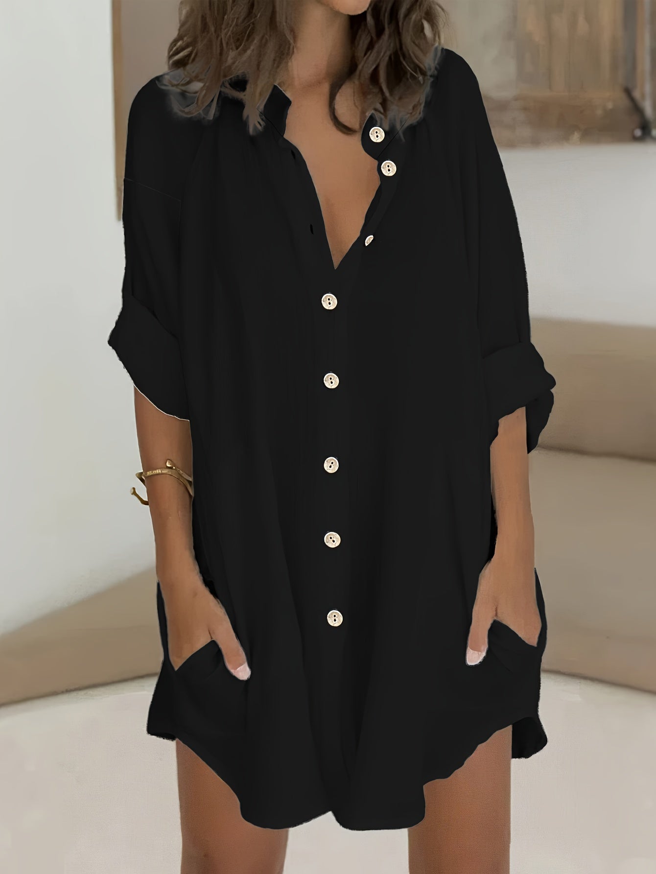  Solid Long Sleeve Button Up Blouse
