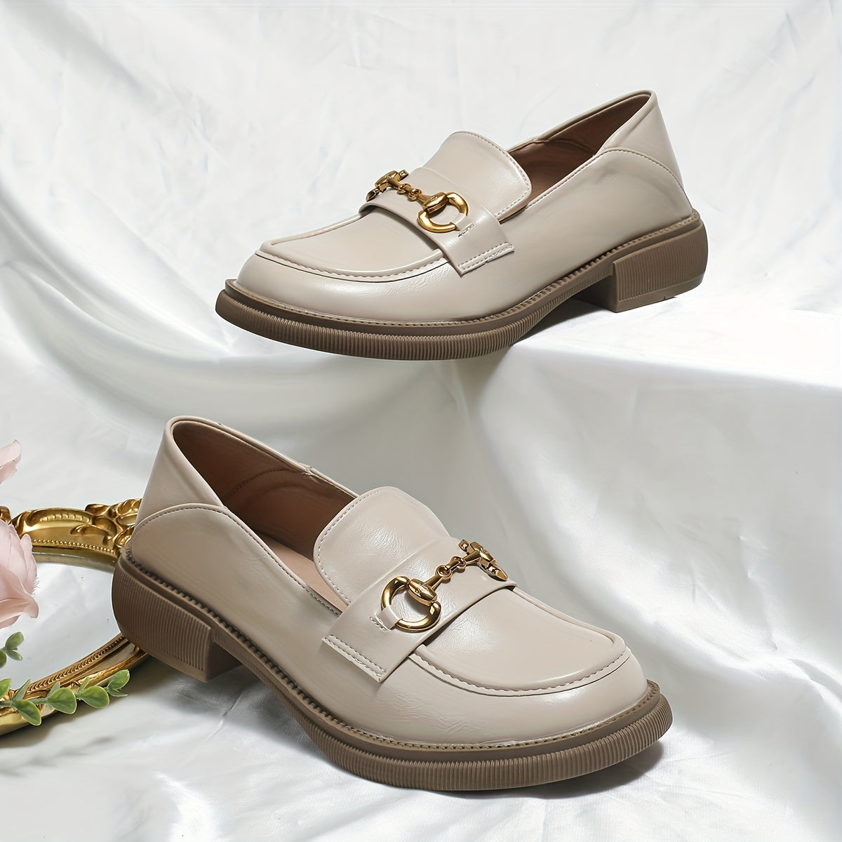 Women's Buckle Decor Loafers Slip On Shoes Preppy Style