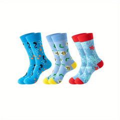 3 Pairs Men's Printed Mid Calf Socks, Breathable & Sweat Absorbent