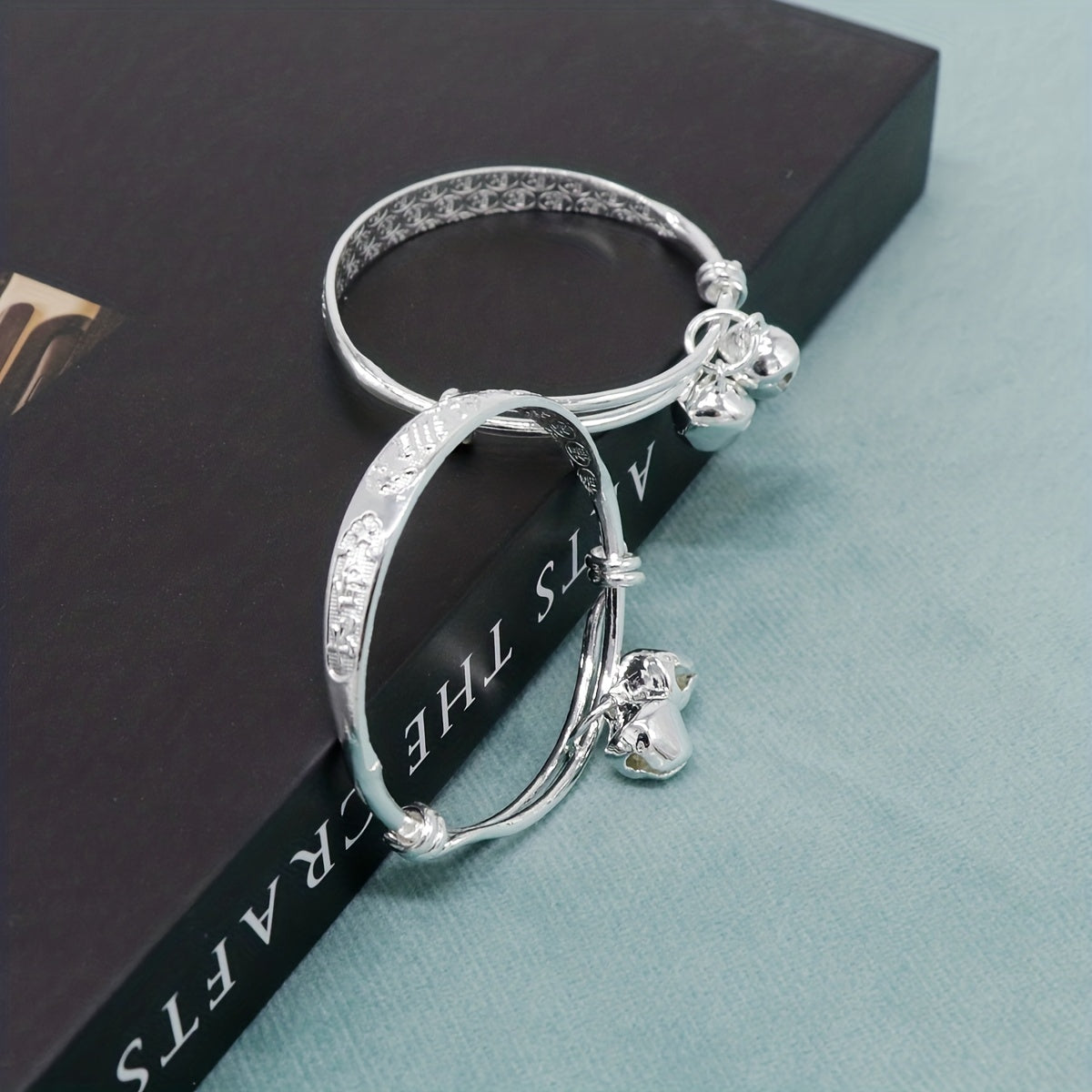 Baby Adjustable Silver Bangle Bracelets With Bell - Gift for Toddler