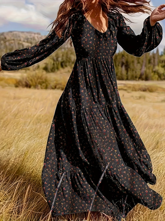  Ditsy Print Lantern Sleeve V Neck Maxi Smock Dress