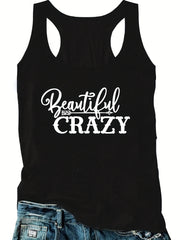  Slogan Print Tank Top Round Neck Medium Stretch