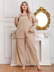  Ribbed Long Sleeve Shirt & Wide Leg Pants Set