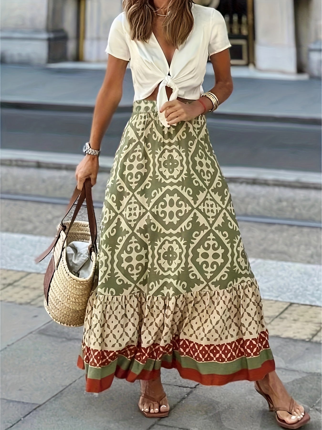  Boho Skirt Colorblock Print High Rise Maxi Smock Skirt