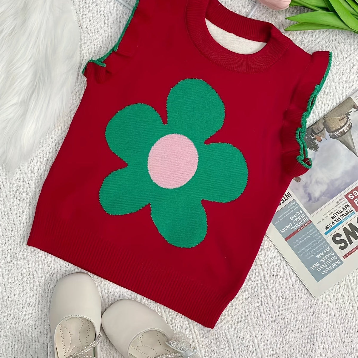 Girls Flower Graphic Knit Sweater Vest Sleeveless Ruffle Trim