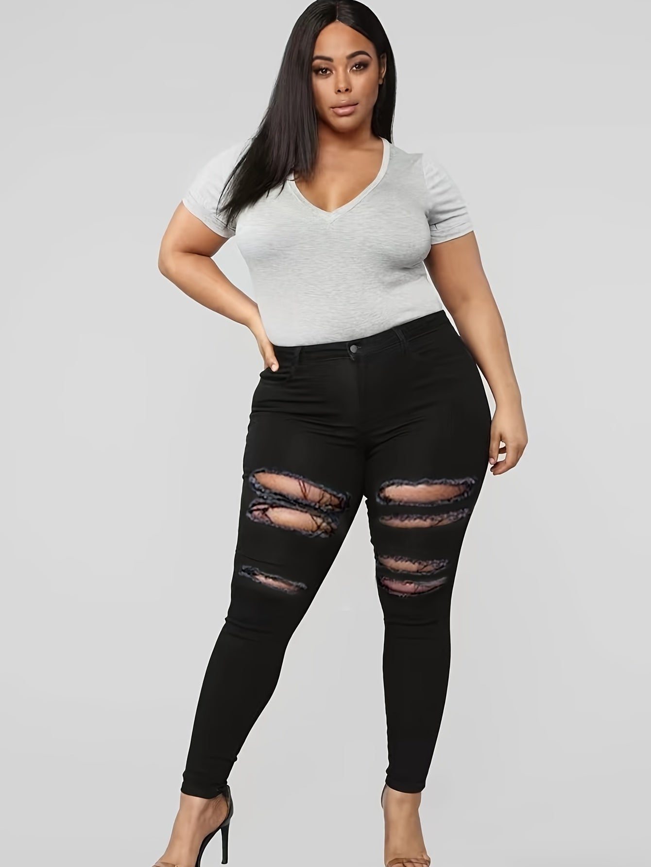  Solid Ripped Stretch Skinny Jeans