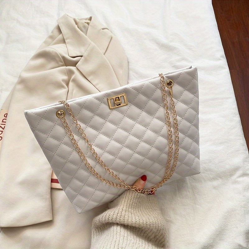 Argyle Quilted Casual Tote Bag Waterproof Shoulder Bag PU Leather Handbag