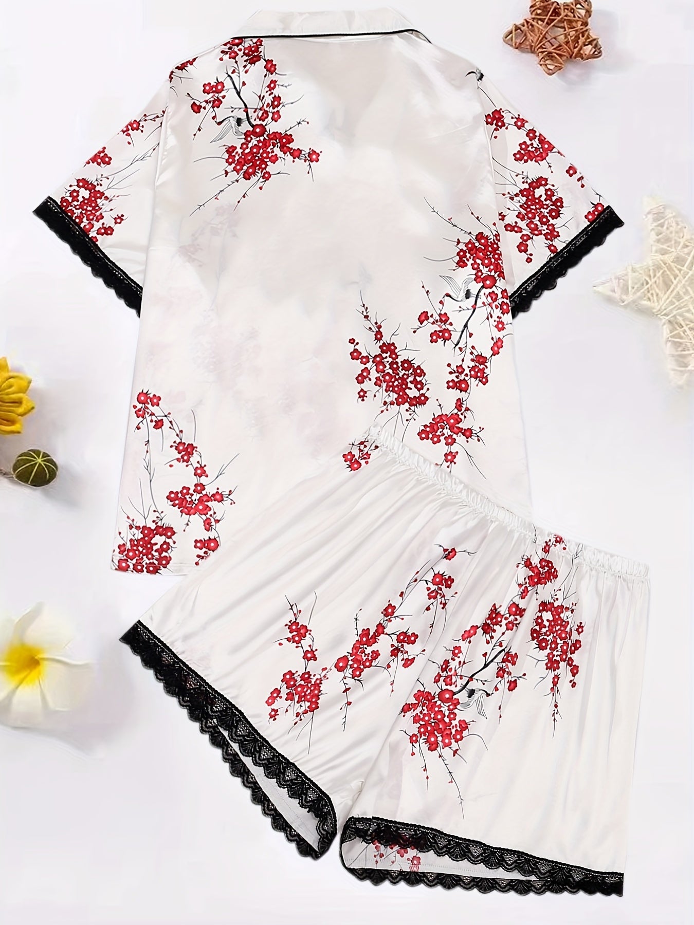  Satin Floral Print Lace Trim Pajama Set
