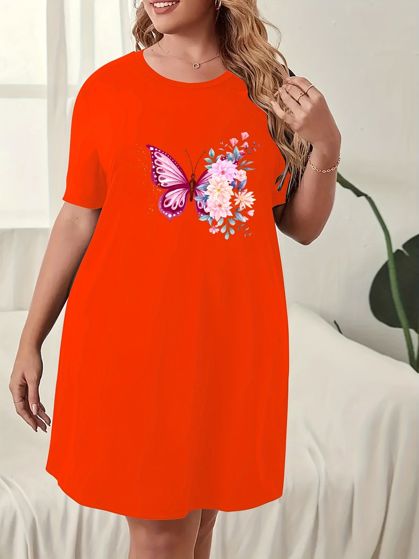  Floral Butterfly Print Sleep Dress Short Sleeve Round Neck Nightdress