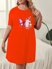  Floral Butterfly Print Sleep Dress Short Sleeve Round Neck Nightdress