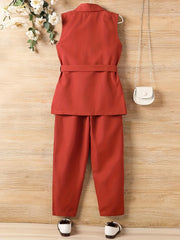 Girls 2pcs Vest With Belt & Elastic Waist Pants Set Solid Sleeveless Blazer