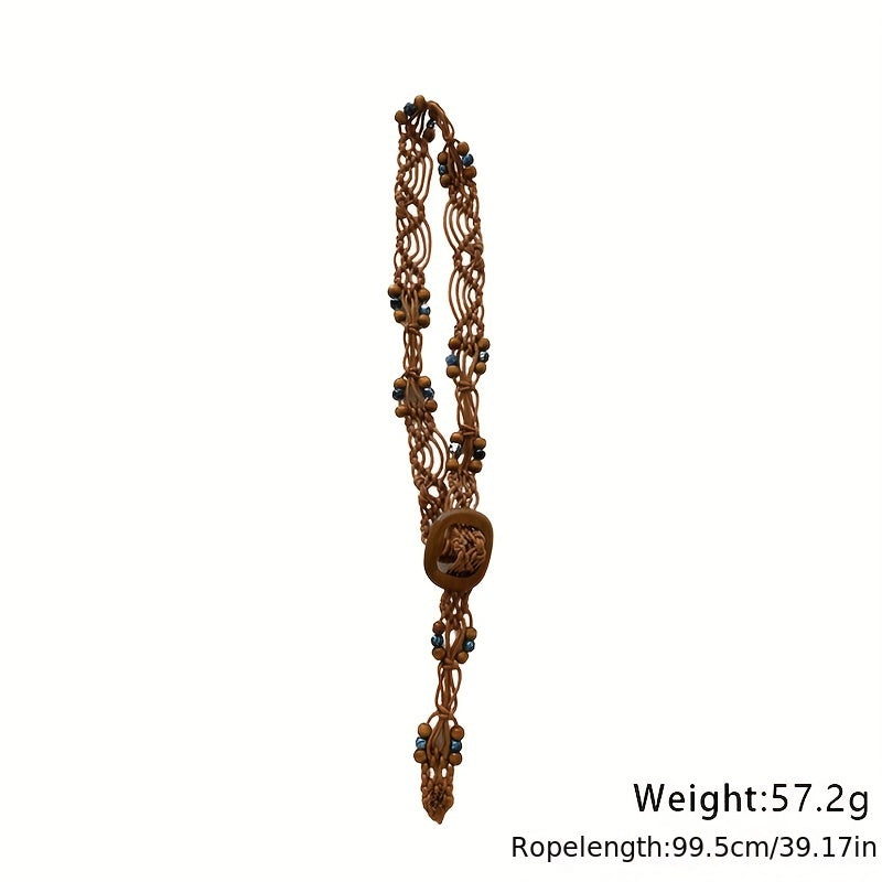 Boho Braided Belt with Vintage Wood Beads
