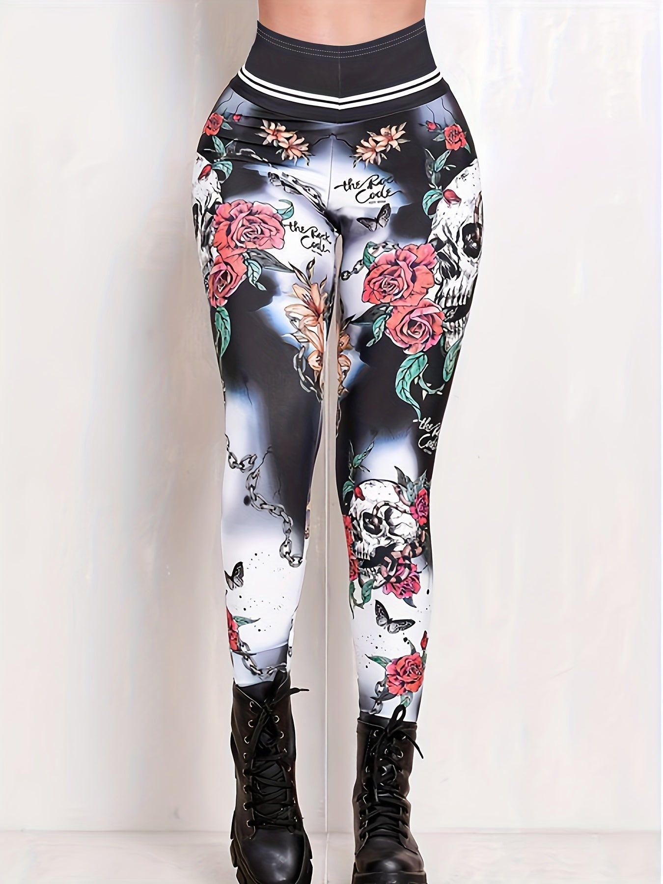  Goth Leggings Floral & Skull Print Tummy Control