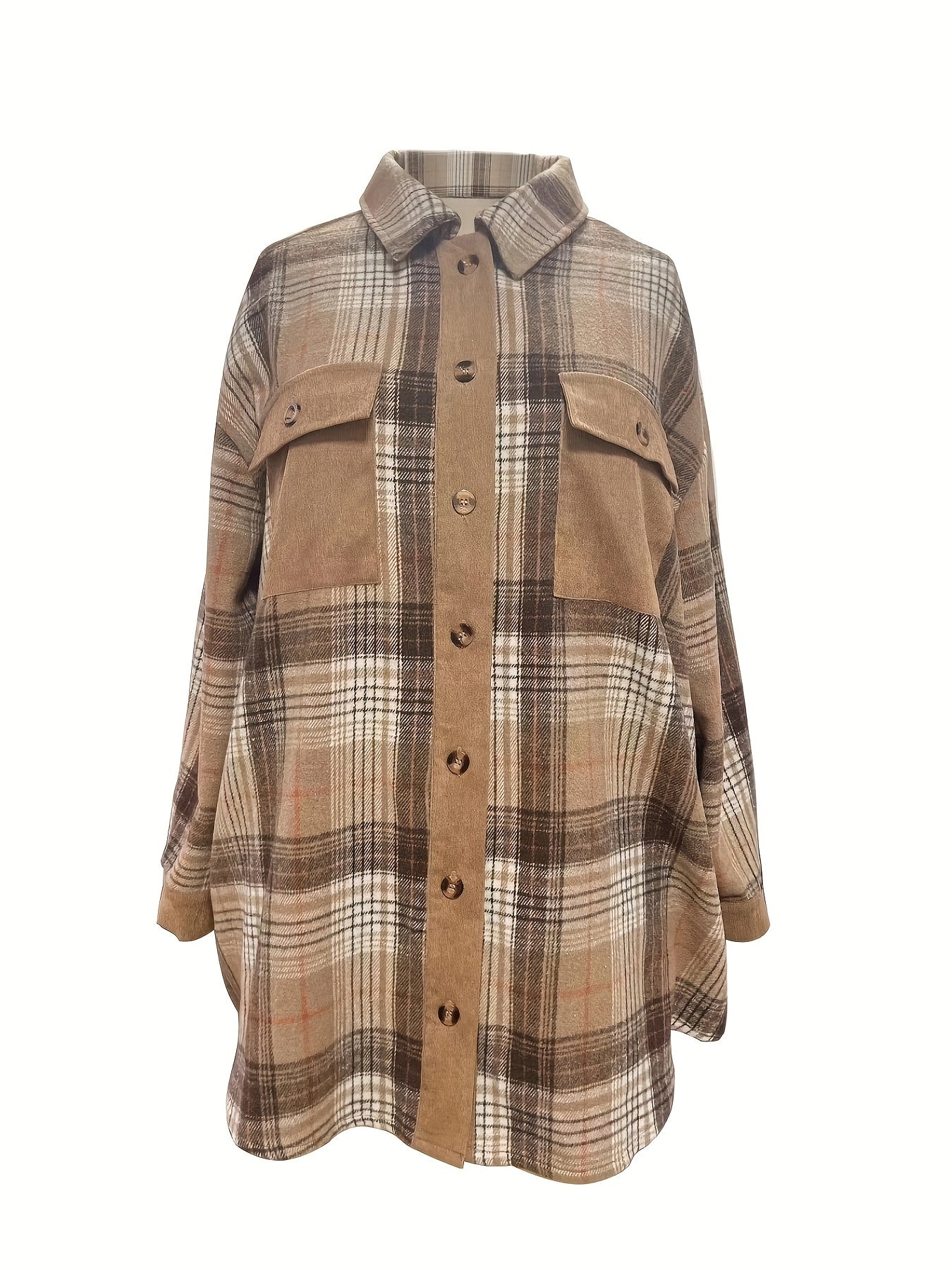  Plaid Button Up Lantern Sleeve Tunic Shirt
