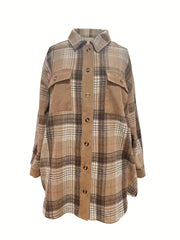  Plaid Button Up Lantern Sleeve Tunic Shirt