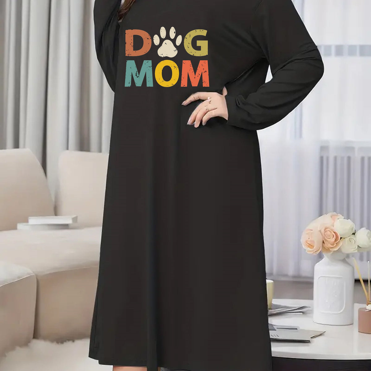  Casual Nightdress Women's Plus Colorful Letter & Puppy Paw Print Tee