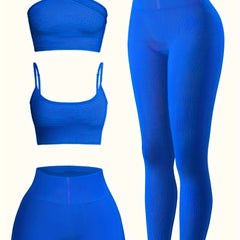 4pc Yoga Set One Shoulder Sports Bra, Cami, Shorts, Leggings