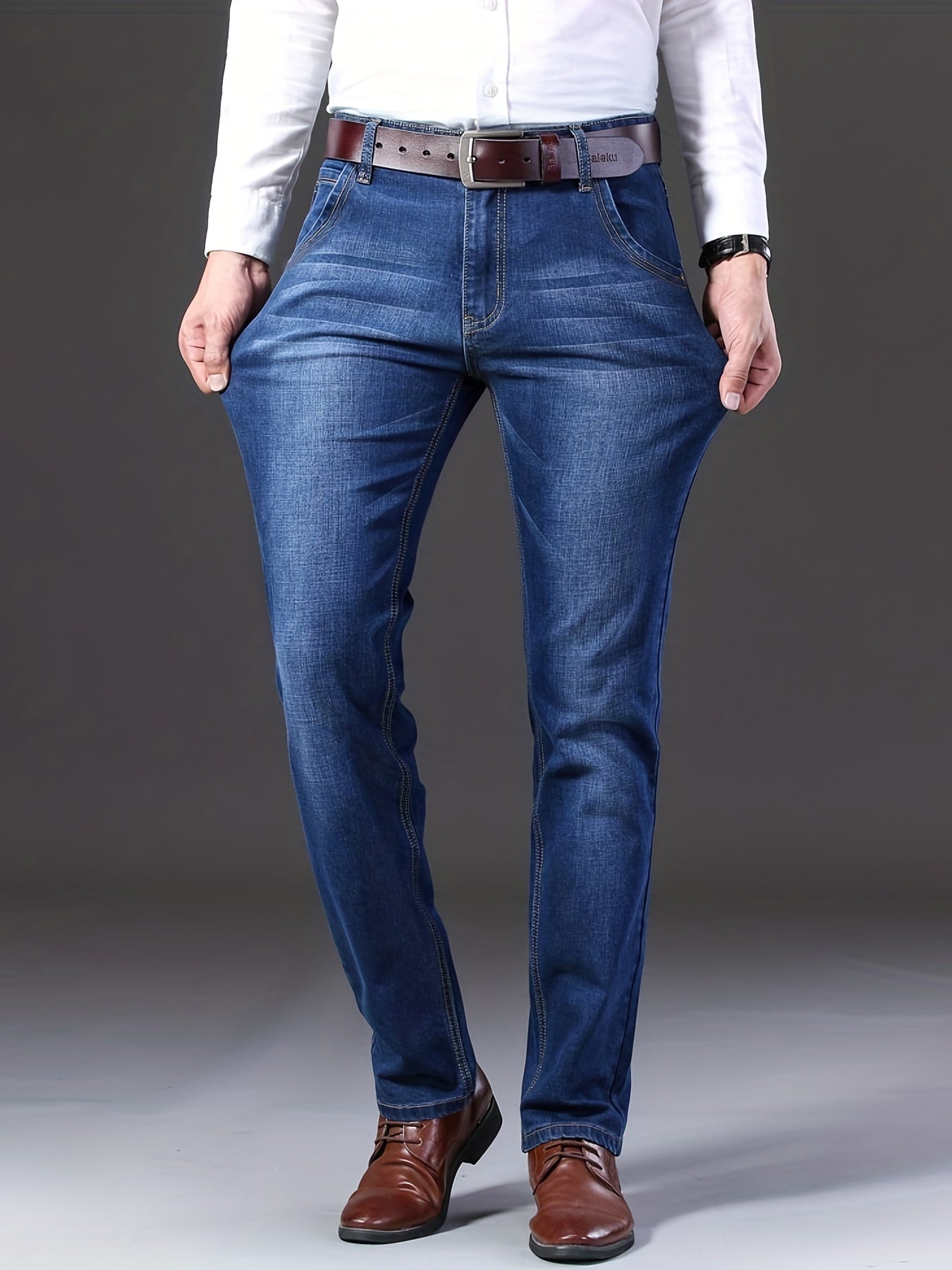 Men's Retro Slim Stretch Jeans Mid Waist Zipper Denim Pants