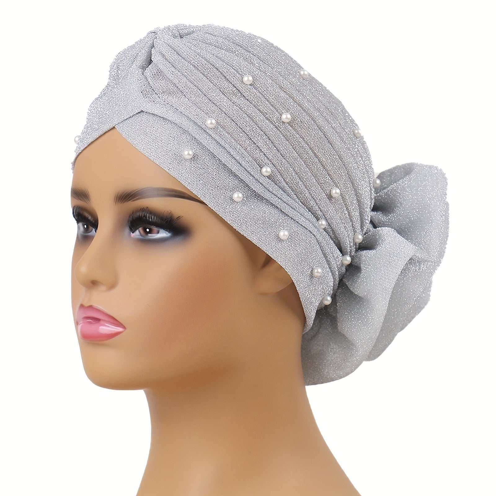 Gray Glitter Plate Flower Turban Cap Pleated Head Wrap