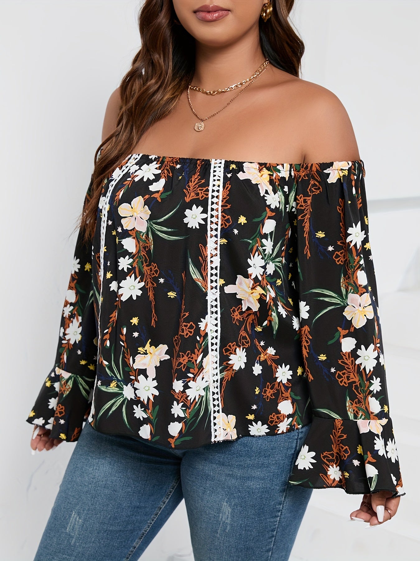  Blouse Women's Plus Floral Print Off Shoulder Bell Sleeve Shirt Top