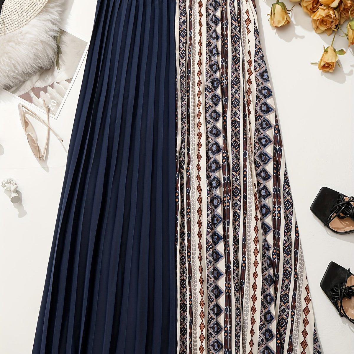  Boho Skirt Women's Plus Geo Print Pleated Skirt