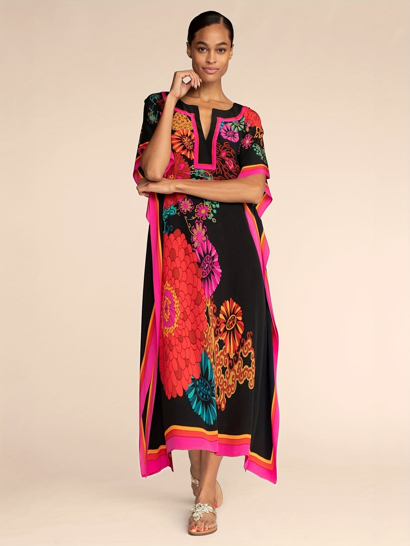  Colorblock Floral Print Bat Sleeve Maxi Cover Up