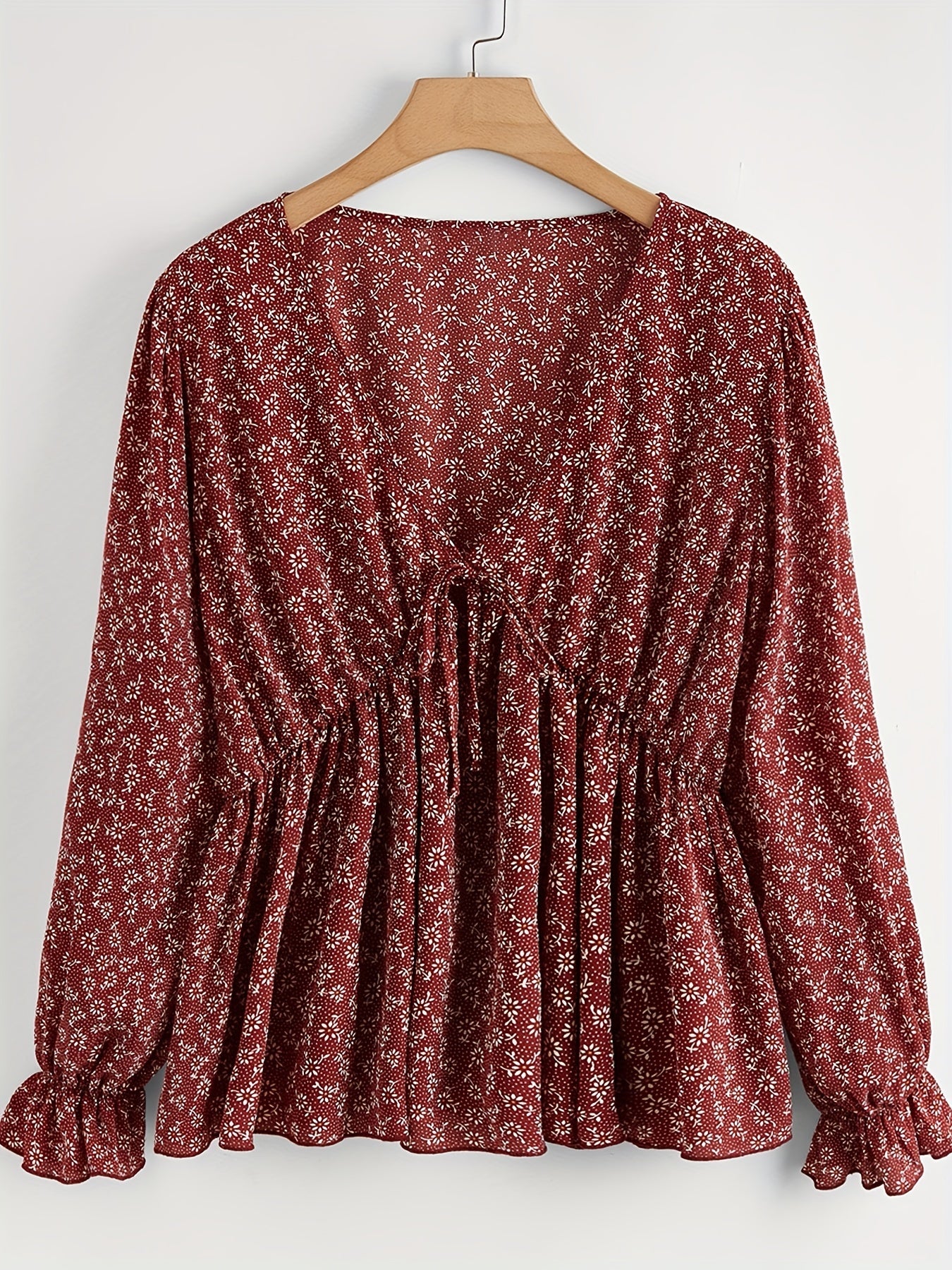 Boho Peplum Floral Blouse V-Neck Tie Front Top