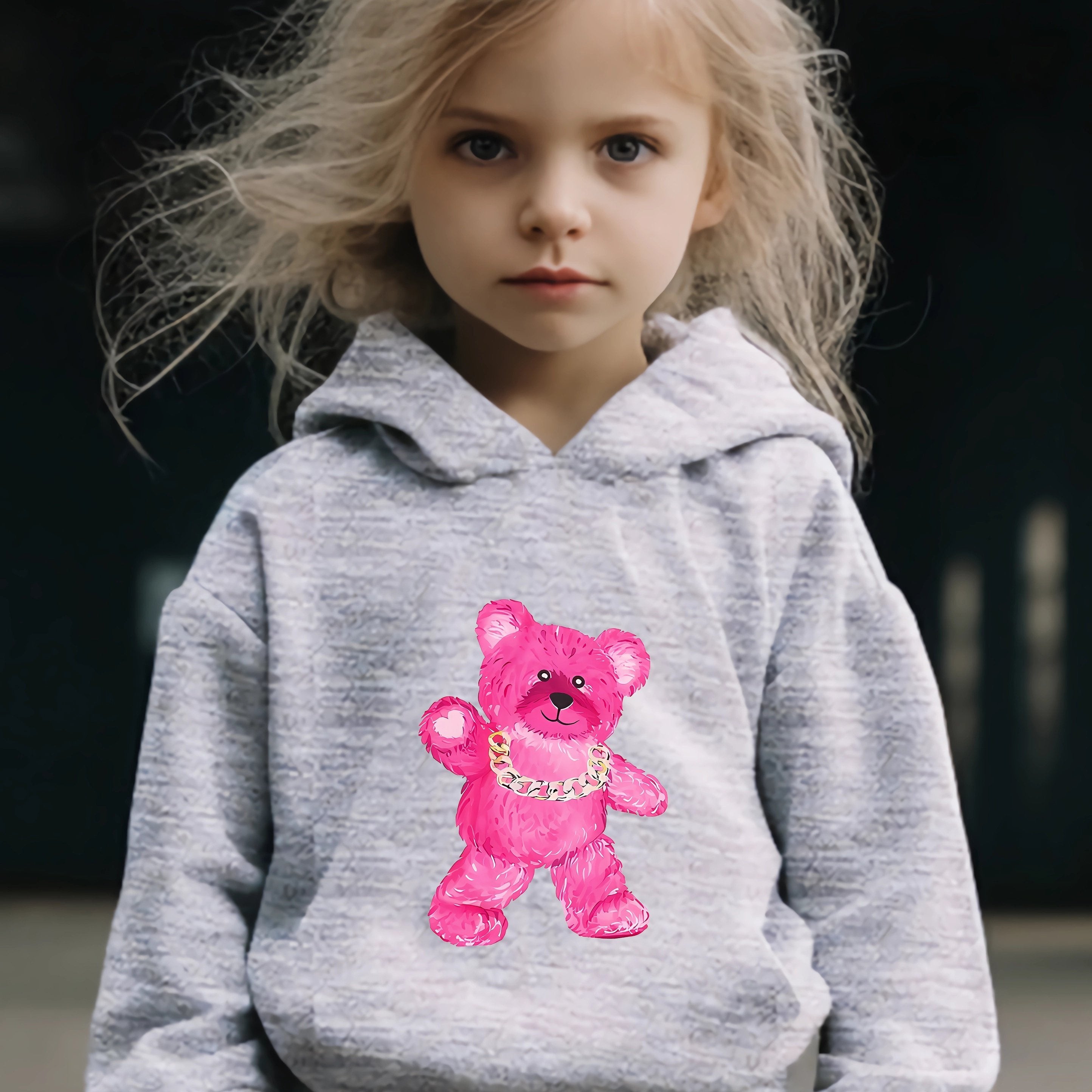 Bear Pattern Long Sleeve Hooded Sweatshirt Girls Comfy Hoodies Pullover