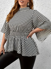  Houndstooth Print Nipped Waist Peplum Top