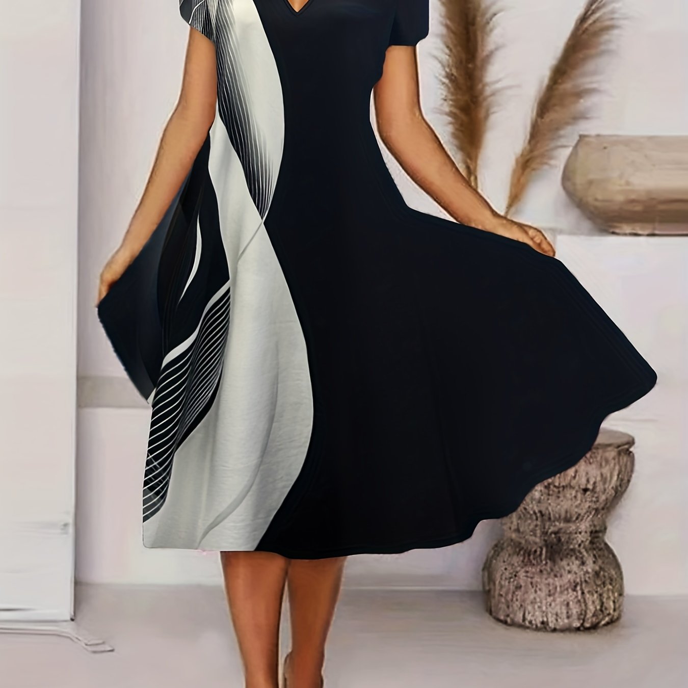  Casual Dress Women's Plus Colorblock Stripe Print Dress