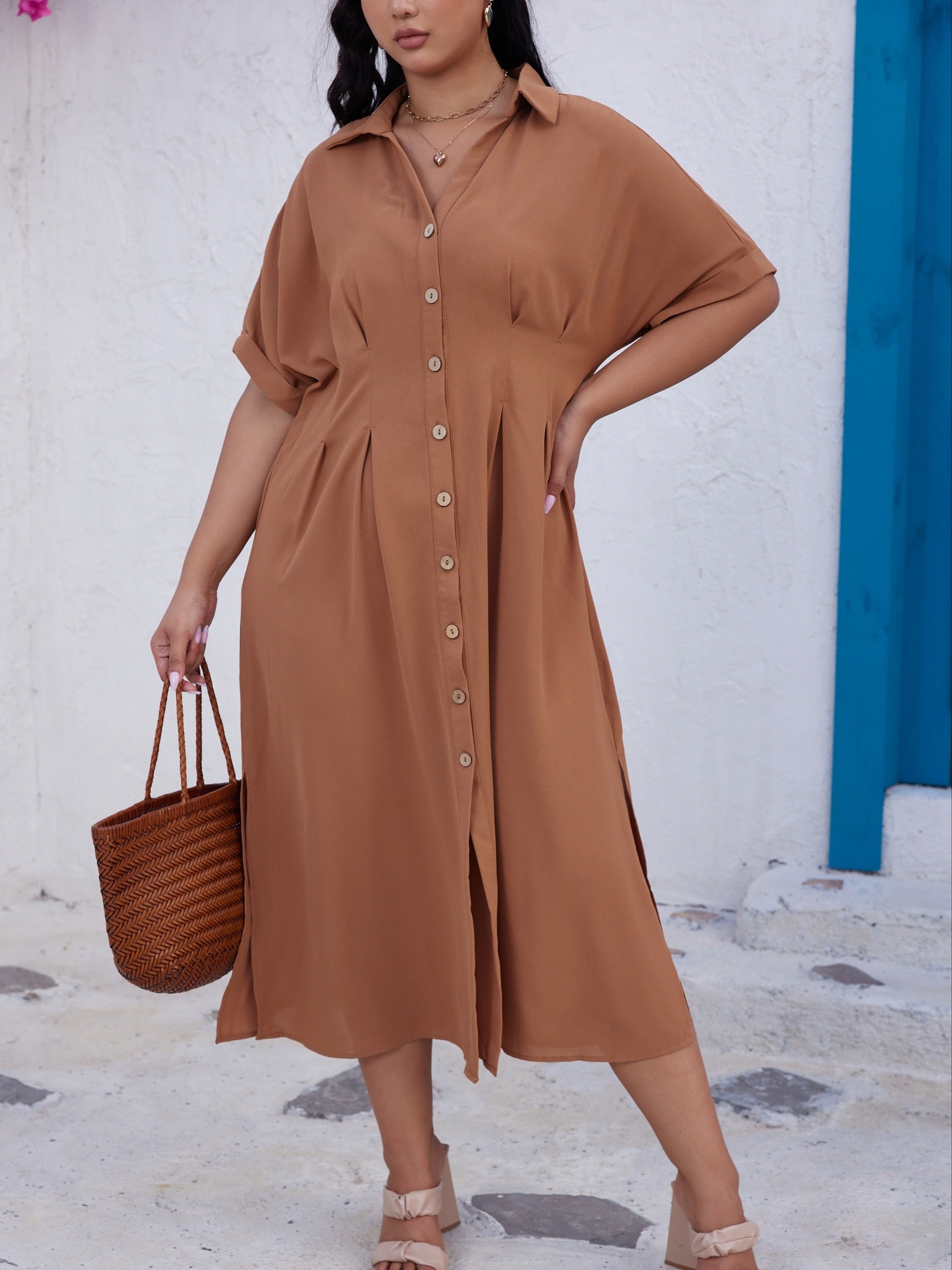  Solid Button Up Maxi Dress