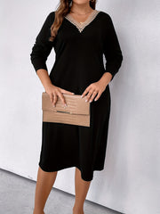  Colorblock Lace Long Sleeve V Neck Dress