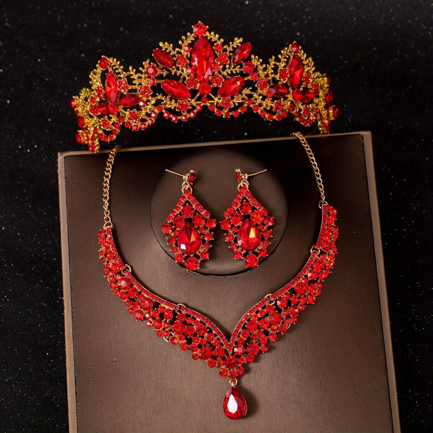 3pcs Red Princess Queen Crown Necklace Earrings Set