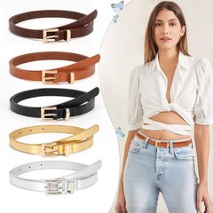 Women's Thin PU Leather Belt with Square Metal Buckle for Daily Commuting