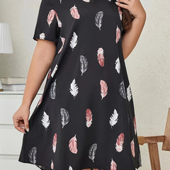  Feather Print Short Sleeve Tee Dress
