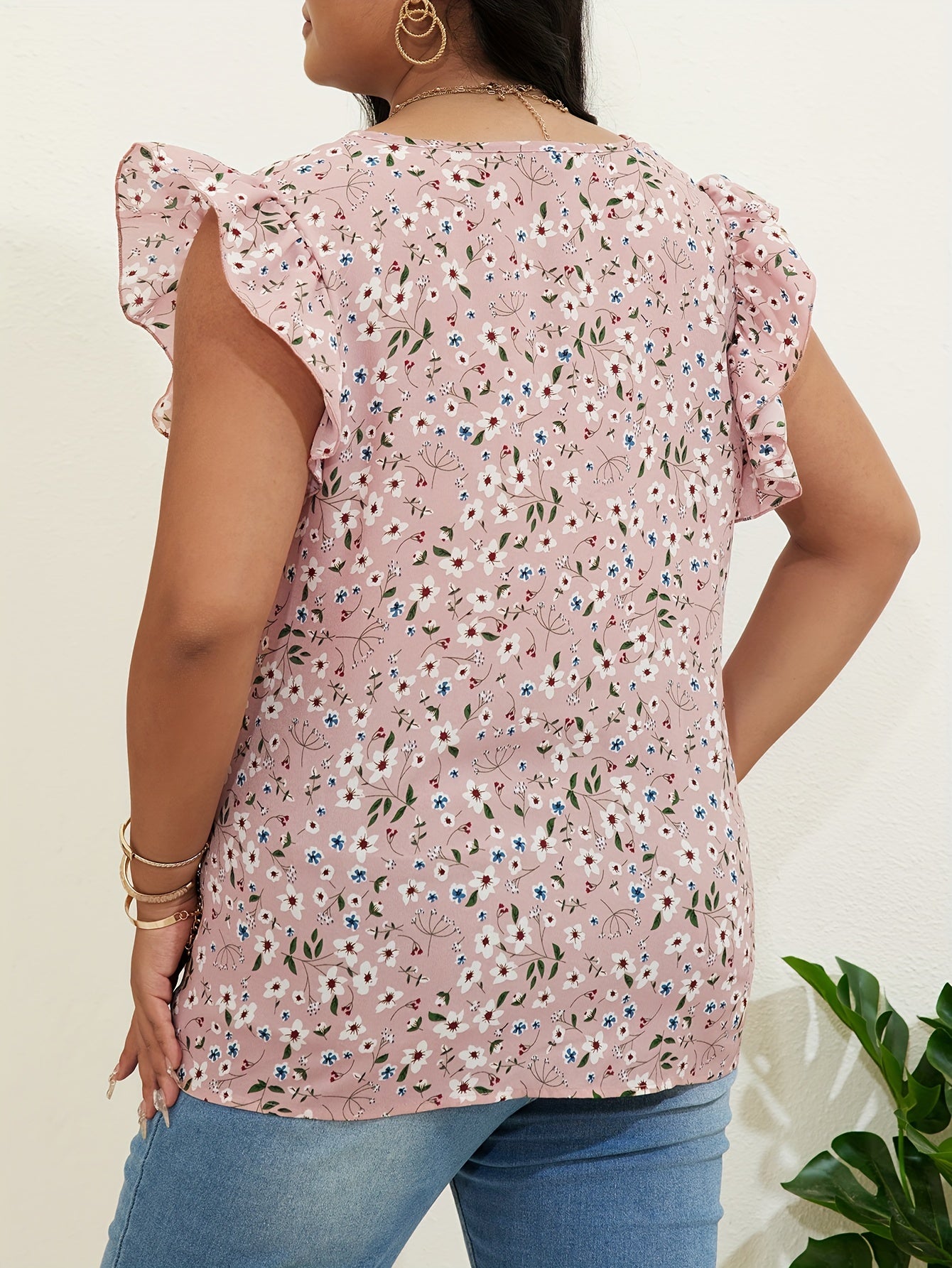  Boho Blouse Women's Plus Floral Print Ruffle Sleeve V Neck Top