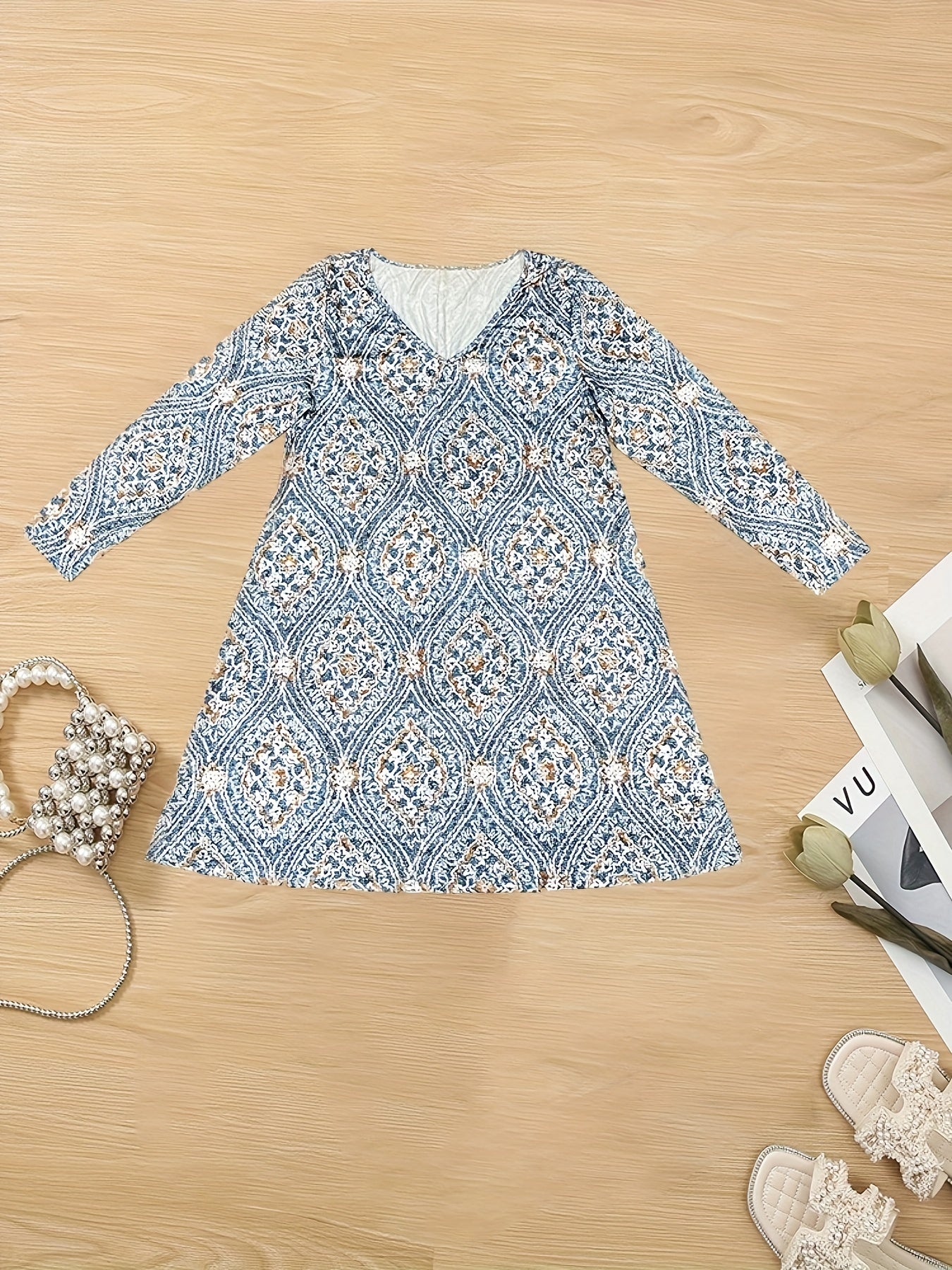  Ethnic Style Maxi Dress Long Sleeve V Neck Stretch