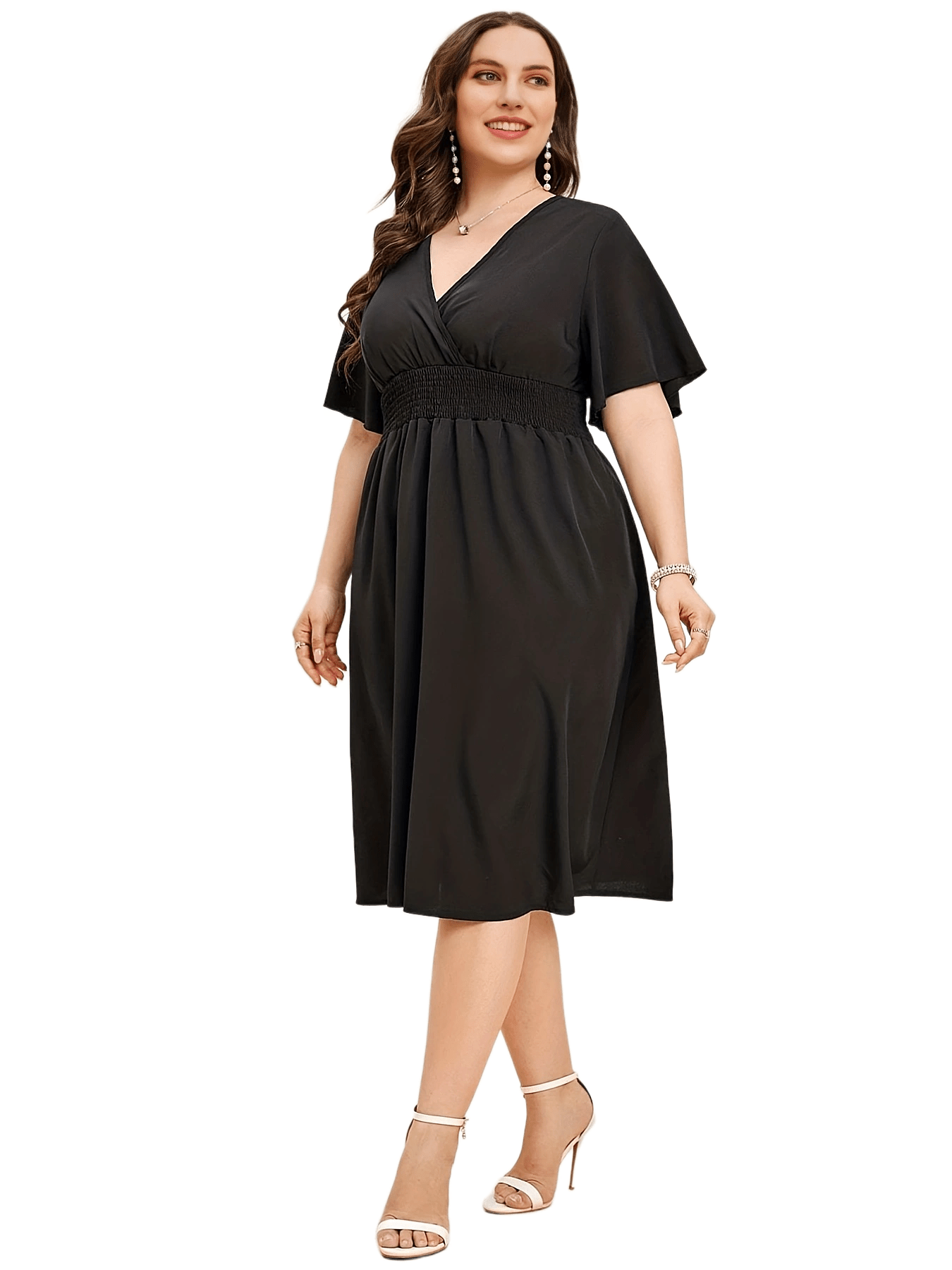  Casual Midi Dress Surplice Neck Shirred Waist Tie Back