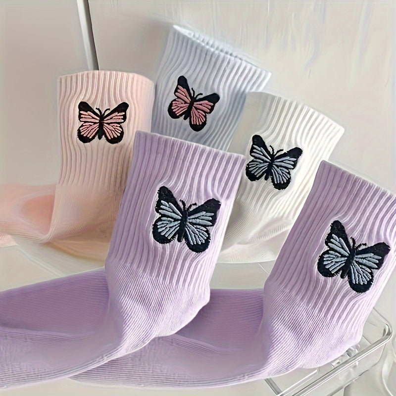 4 Pairs Butterfly Pattern Ribbed Socks Soft Mid Tube Women's Stockings
