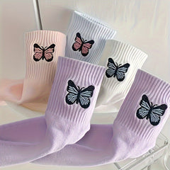 4 Pairs Butterfly Pattern Ribbed Socks Soft Mid Tube Women's Stockings